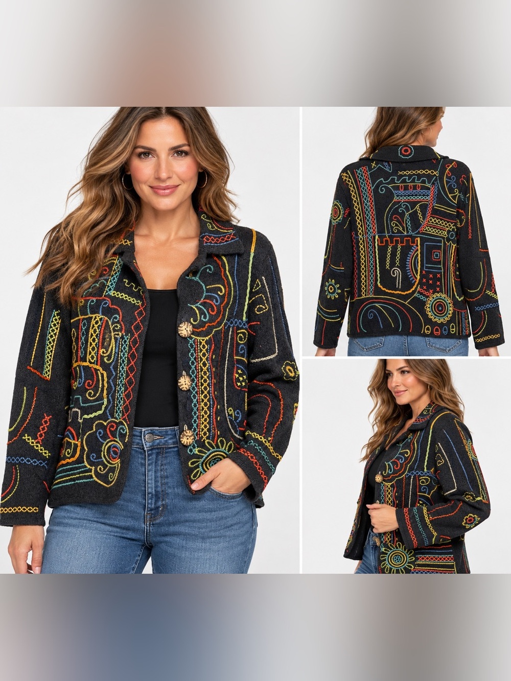 ​Chico's Black Multi-Color Embroidered Patterned Cotton Jacket Size 2 (12-14)